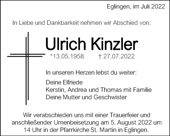 Traueranzeige von Ulrich Kinzler von Schwäbische Post