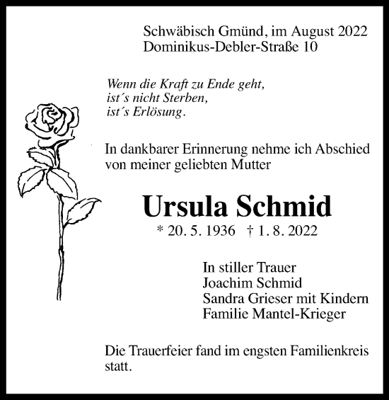 Traueranzeige von Ursula Schmid von Gmünder Tagespost