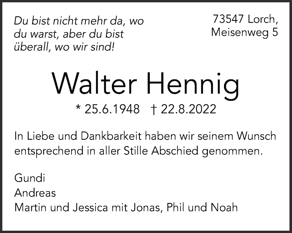  Traueranzeige für Walter Hennig vom 27.08.2022 aus Gmünder Tagespost