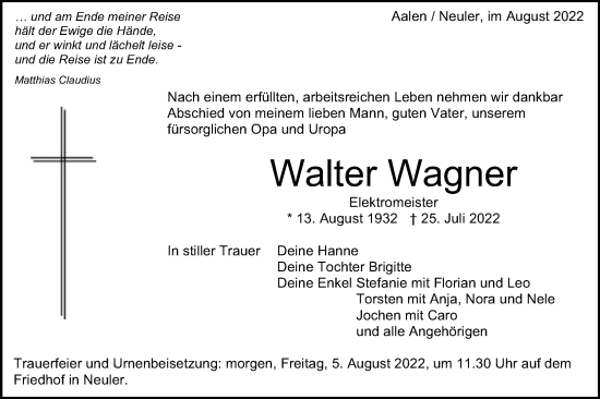 Traueranzeige von Walter Wagner von Schwäbische Post
