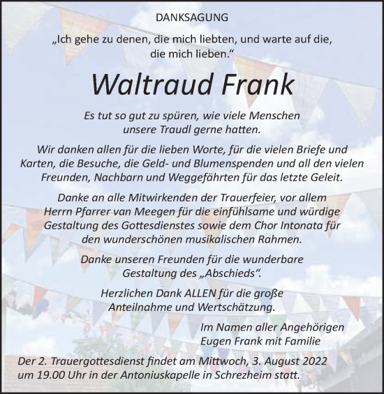 Traueranzeige von Waltraud Frank von Schwäbische Post