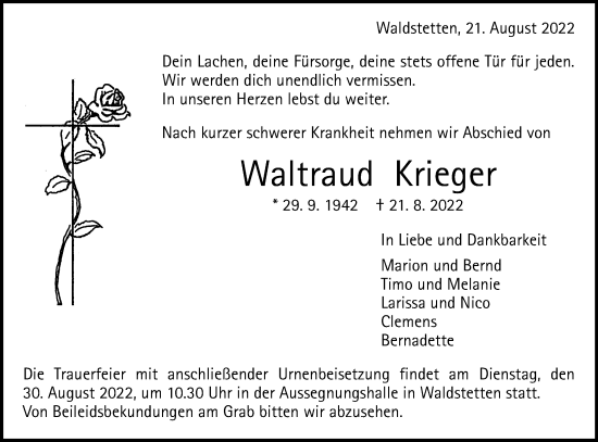 Traueranzeige von Waltraud Krieger von Gmünder Tagespost