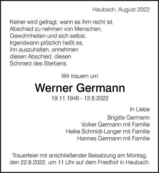 Traueranzeige von Werner Germann von Gmünder Tagespost