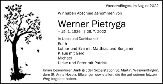 Traueranzeige von Werner Pietryga von Schwäbische Post