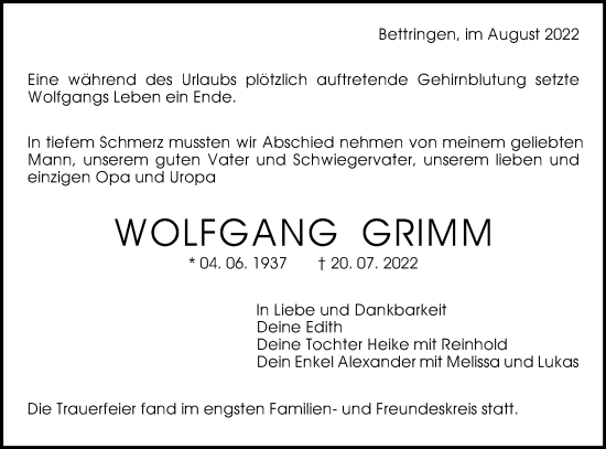Traueranzeige von Wolfgang Grimm von Gmünder Tagespost
