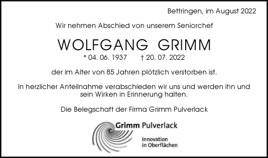 Traueranzeige von Wolfgang Grimm von Gmünder Tagespost