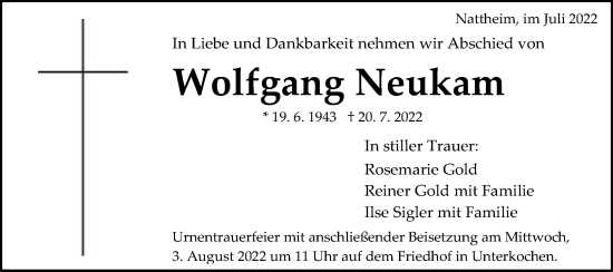 Traueranzeige von Wolfgang Neukam von Schwäbische Post