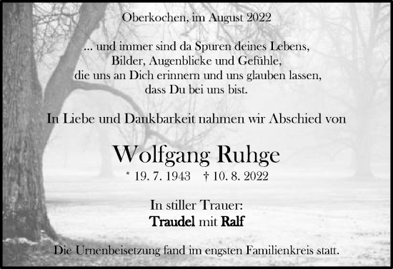 Traueranzeige von Wolfgang Ruhge von Schwäbische Post