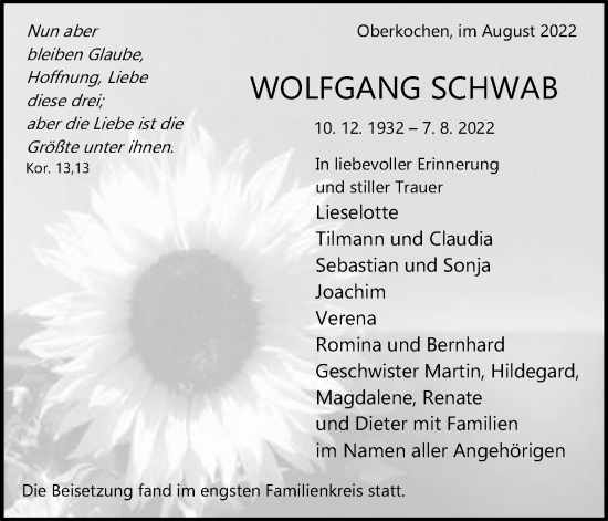 Traueranzeige von Wolfgang Schwab von Amtsblatt_Oko