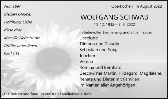 Traueranzeige von Wolfgang Schwab von Schwäbische Post