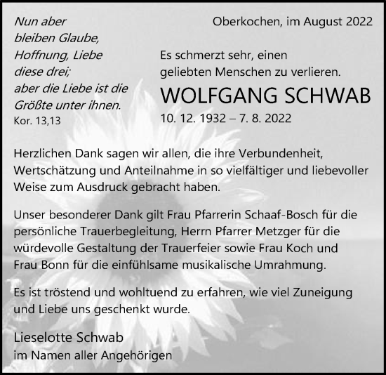 Traueranzeige von Wolgang Schwab von Amtsblatt_Oko