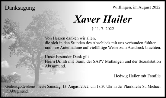 Traueranzeige von Xaver Hailer von Schwäbische Post