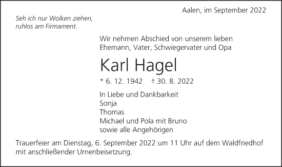 Traueranzeige von Karl Hagel von Schwäbische Post