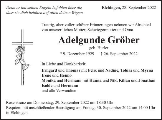 Traueranzeige von Adelgunde Gröber von Schwäbische Post