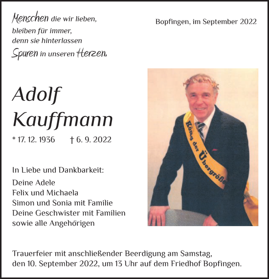 Traueranzeige von Adolf Kauffmann von Schwäbische Post