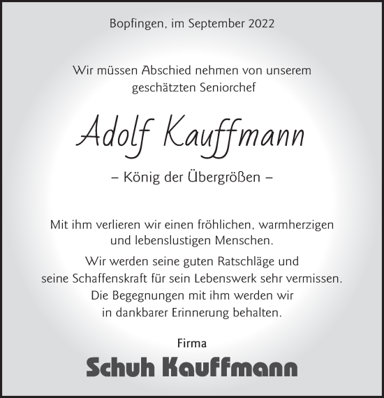 Traueranzeige von Adolf Kauffmann von Schwäbische Post