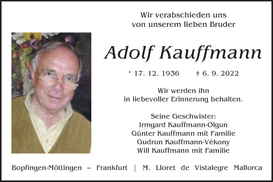 Traueranzeige von Adolf Kauffmann von Schwäbische Post