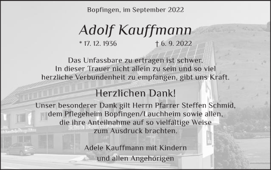 Traueranzeige von Adolf Kauffmann von Schwäbische Post