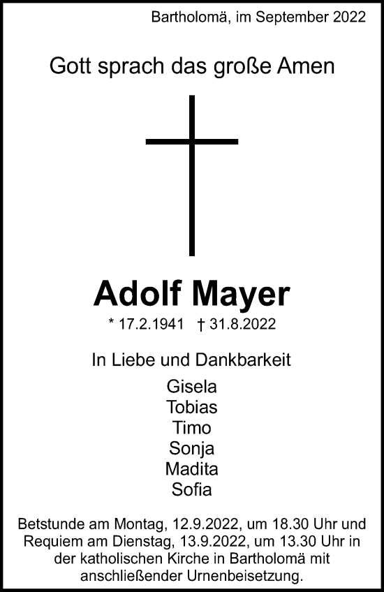 Traueranzeige von Adolf Mayer von Gmünder Tagespost