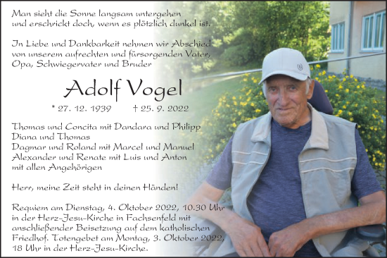 Traueranzeige von Adolf Vogel von Schwäbische Post
