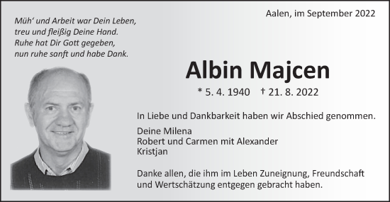 Traueranzeige von Albin Majcen von Schwäbische Post