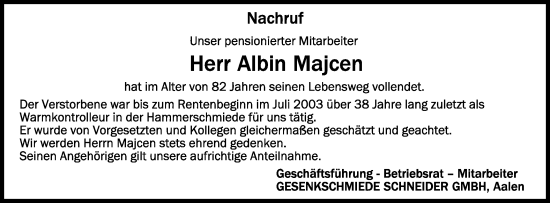 Traueranzeige von Albin Majcen von Schwäbische Post