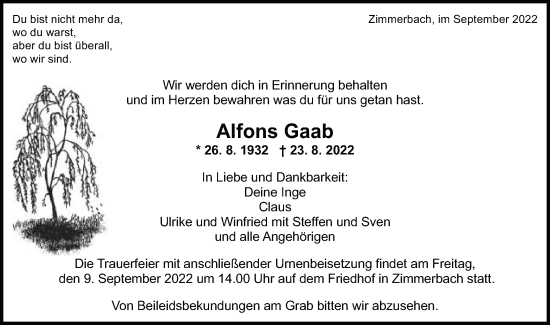 Traueranzeige von Alfons Gaab von Gmünder Tagespost