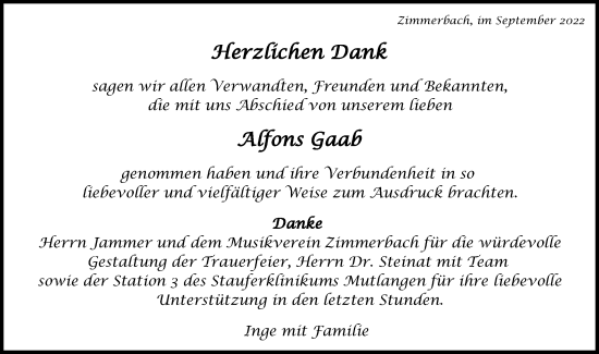 Traueranzeige von Alfons Gaab von Gmünder Tagespost