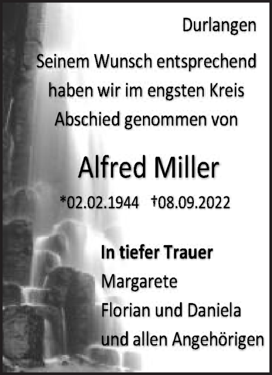 Traueranzeige von Alfred Miller von Gmünder Tagespost