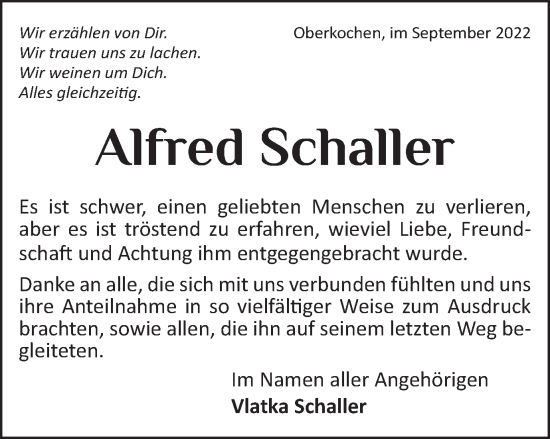 Traueranzeige von Alfred Schaller von Schwäbische Post