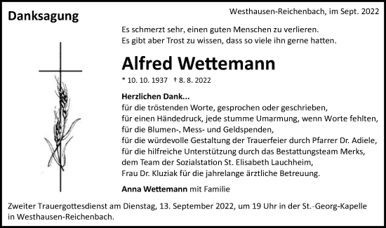 Traueranzeige von Alfred Wettemann von Schwäbische Post