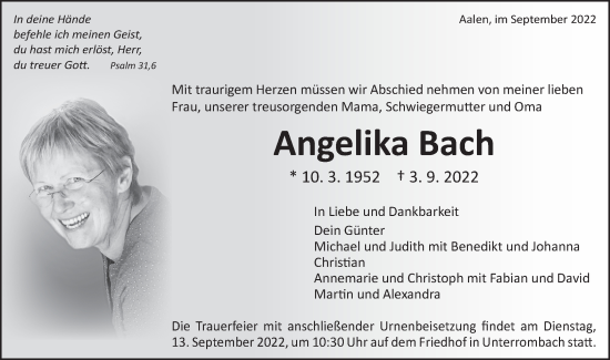 Traueranzeige von Angelika Bach von Schwäbische Post