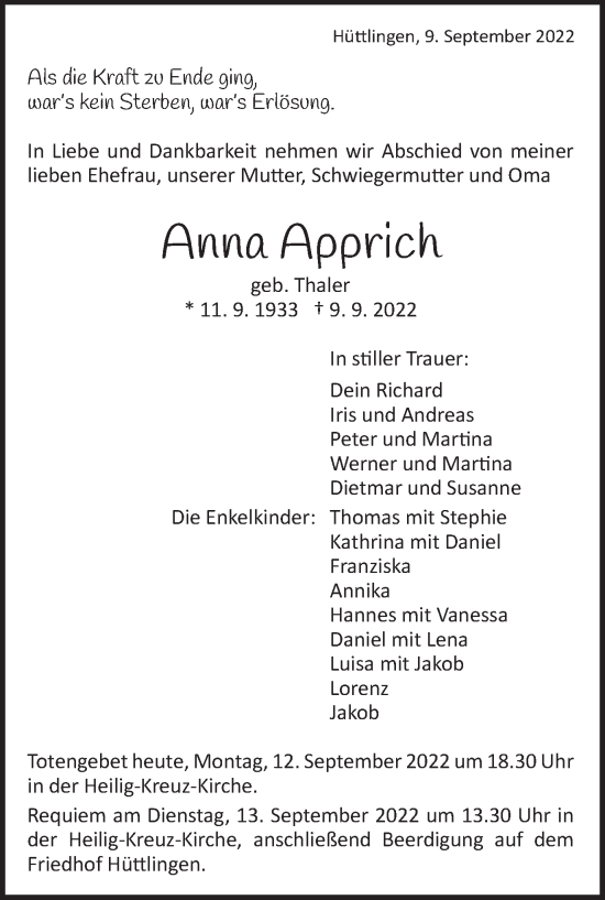 Traueranzeige von Anna Apprich von Schwäbische Post