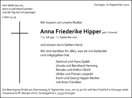 Traueranzeige von Anna Friederike Hipper von Schwäbische Post