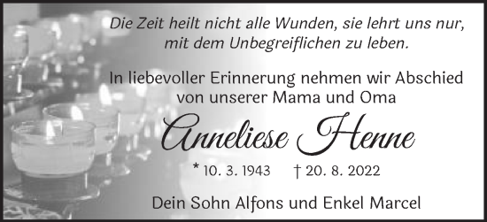 Traueranzeige von Anneliese Henne von Schwäbische Post