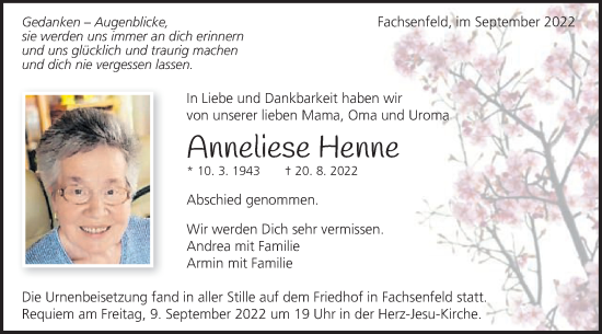 Traueranzeige von Anneliese Henne von Schwäbische Post
