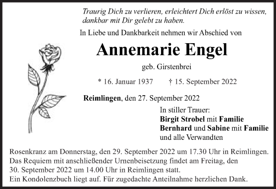 Traueranzeige von Annemarie Engel von Schwäbische Post