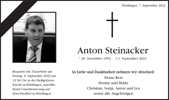 Traueranzeige von Anton Steinacker von Schwäbische Post