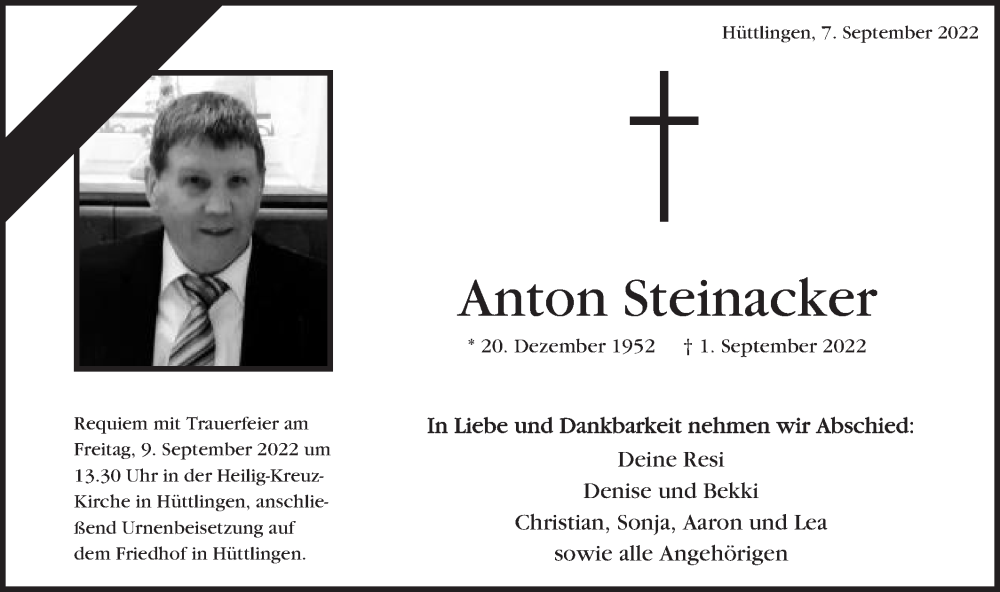  Traueranzeige für Anton Steinacker vom 07.09.2022 aus Schwäbische Post