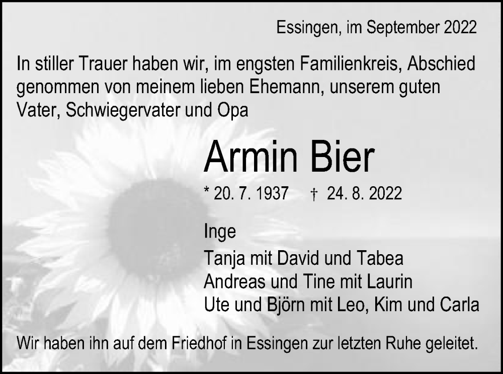  Traueranzeige für Armin Bier vom 03.09.2022 aus Schwäbische Post