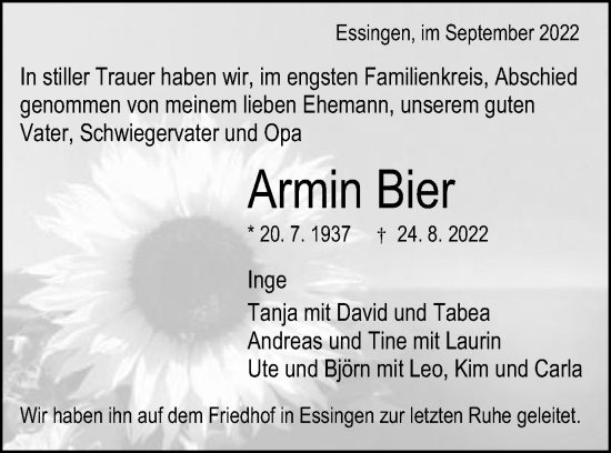 Traueranzeige von Armin Bier von Schwäbische Post