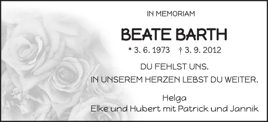 Traueranzeige von Beate Barth von Gmünder Tagespost