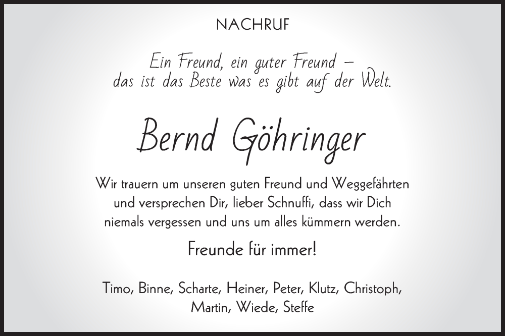  Traueranzeige für Bernd Göhringer vom 10.09.2022 aus Schwäbische Post