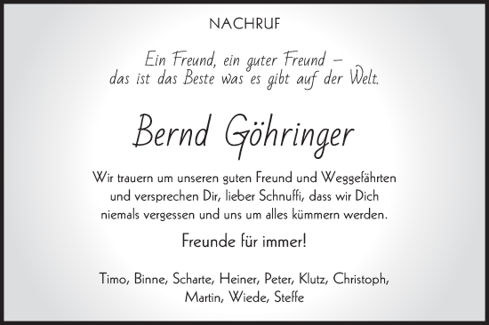 Traueranzeige von Bernd Göhringer von Schwäbische Post