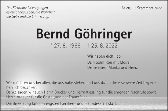 Traueranzeige von Bernd Göhringer von Schwäbische Post