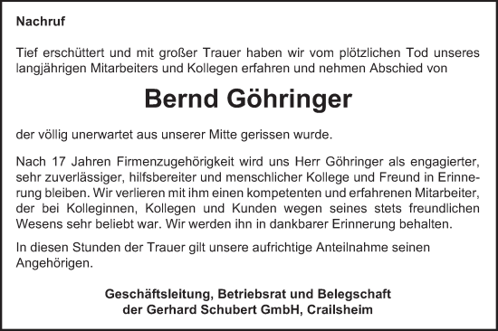 Traueranzeige von Bernd Göhringer von Schwäbische Post