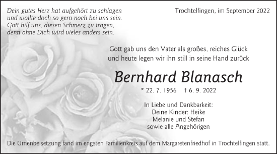 Traueranzeige von Bernhard Blanasch von Schwäbische Post