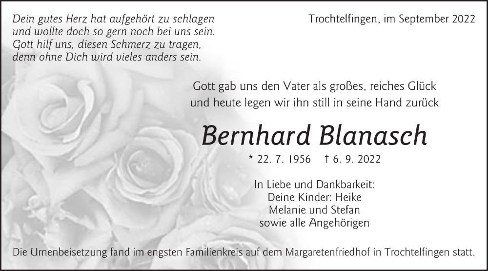  Traueranzeige für Bernhard Blanasch vom 24.09.2022 aus Schwäbische Post