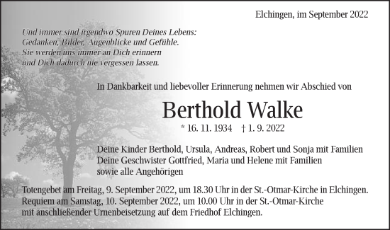 Traueranzeige von Berthold Walke  von Schwäbische Post