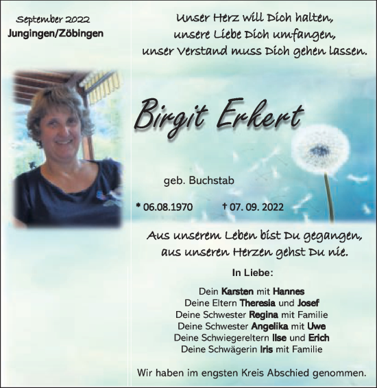 Traueranzeige von Birgit Erkert von Schwäbische Post